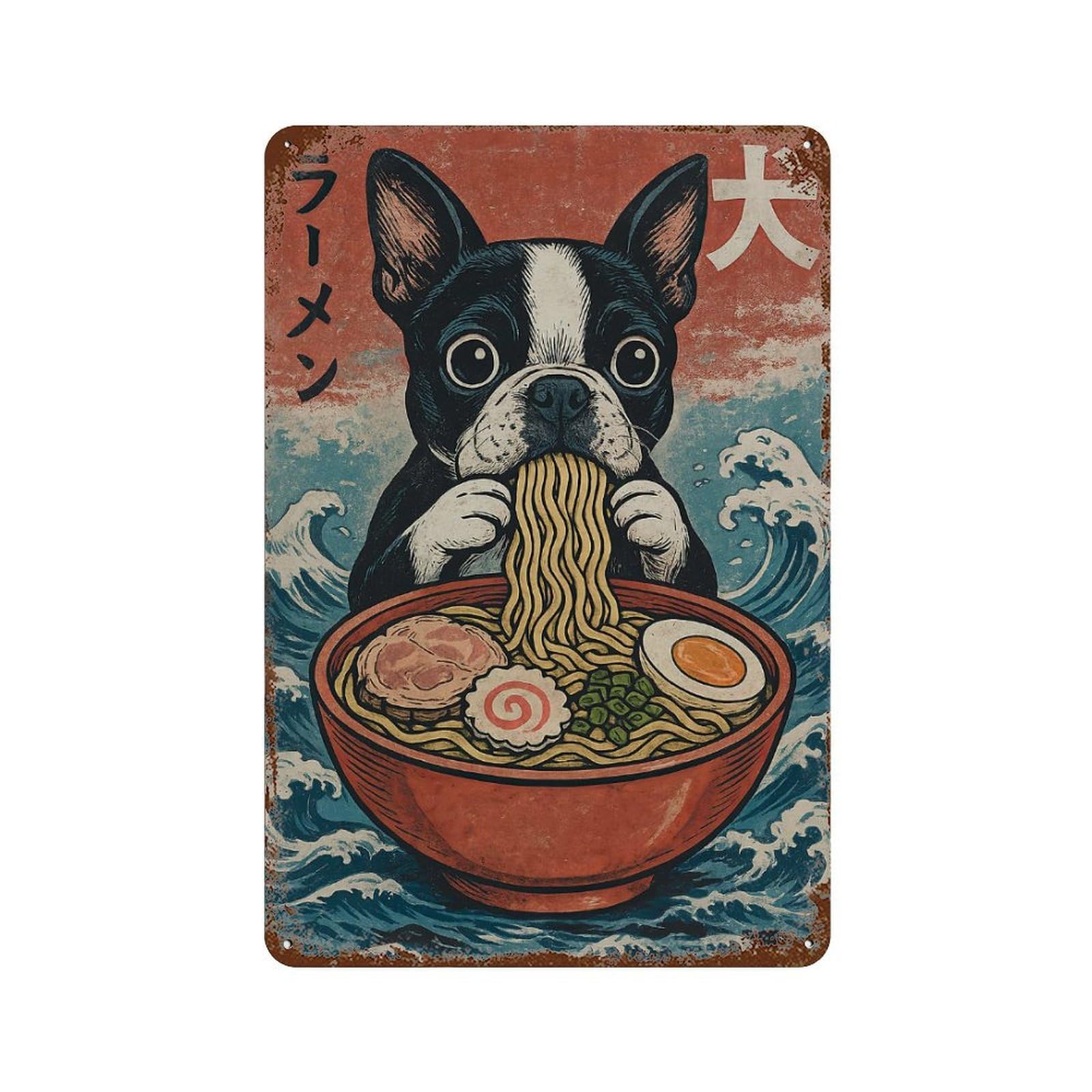 Rust Effect Boston Terrier Eating Ramen Aged Metal Wall Plaque 11.8"x7.9", Old School Wall Decor for Patio, Garden Room And Bar Decor