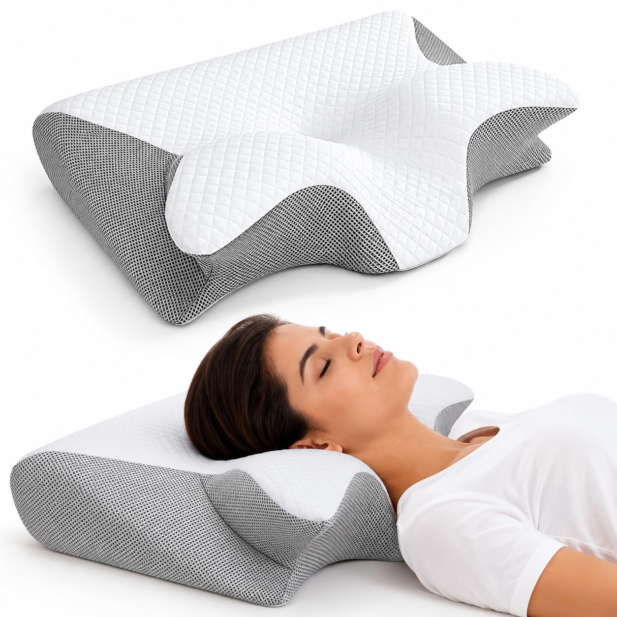 Genérico Almohada Cervical Ergonómica de Espuma Viscoelástica, Cojín de Mariposa para Dormir de Lado, Boca Arriba y Boca Abajo (C)