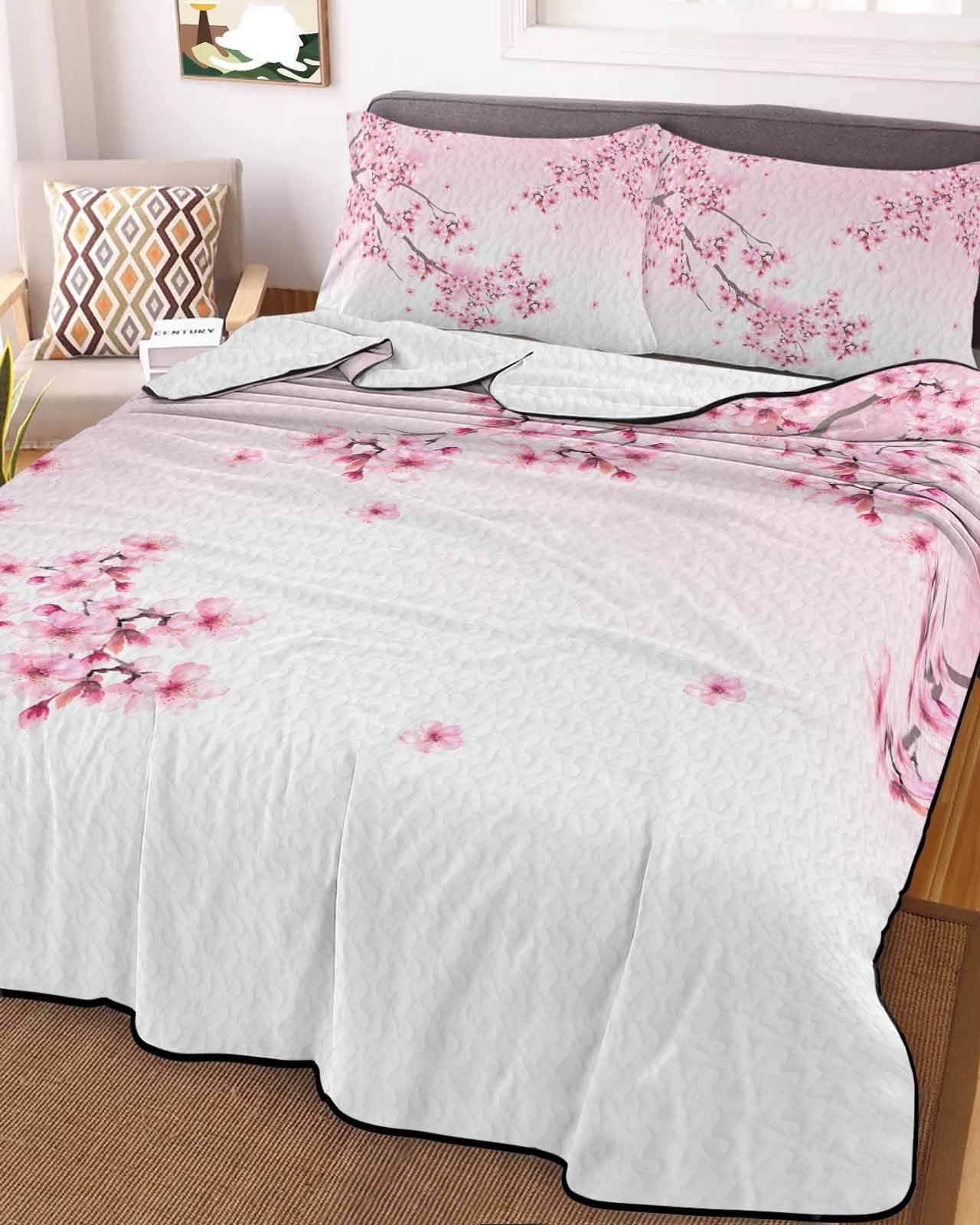 3-Piece Summer Quilt Twin Size, Pink Flowers Lightweight Cooling Bedding Comforter Blanket with 2 Pillow Shams, Spring Botanical Floral Branches Gradient Bedspreads Quilted Coverlet Sets 68
