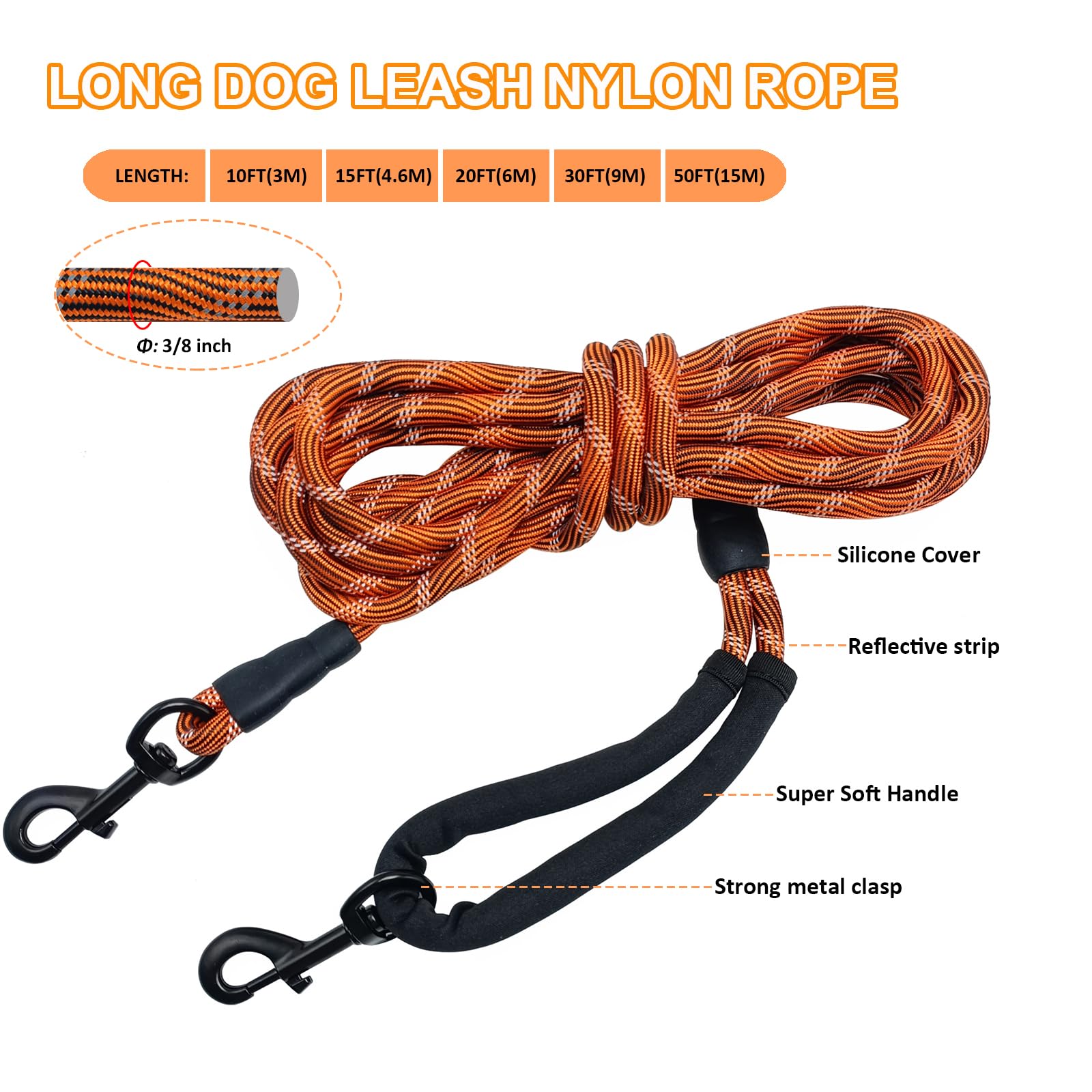 BTINESFUL Long Dog Leash, 10/15/20/30/50FT Dog Training Leash with Soft Handle, Reflective Heavy Duty Rope Dog Lead for Medium Large Dogs Outside Play, Camping (3/8" x 10ft, Orange) - image 5