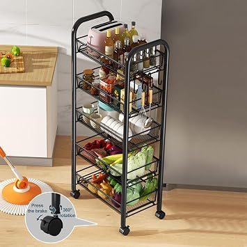 5 Tier Fruit Basket for Kitchen,5-Tier Rolling Utility Cart with Lockable Wheels,Stackable Fruit and Vegetable Storage Cart Metal Mesh Storage Basket for Kitchen, Bathroom,Bedroom Black 5-La