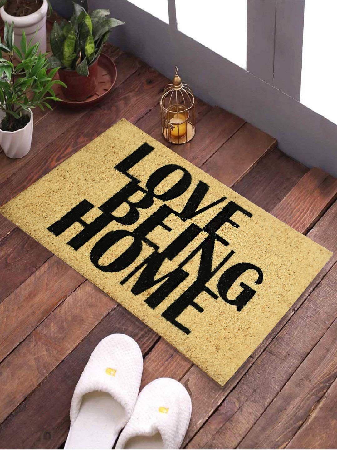 Natural Coconut Fiber Slogan Doormat for Front Door, Entryway Doormat with Thickened Non-Slip PVC Backing for Outdoor and Indoor Use, 14 x 24 Inch Coir Layered Mats Love being Home