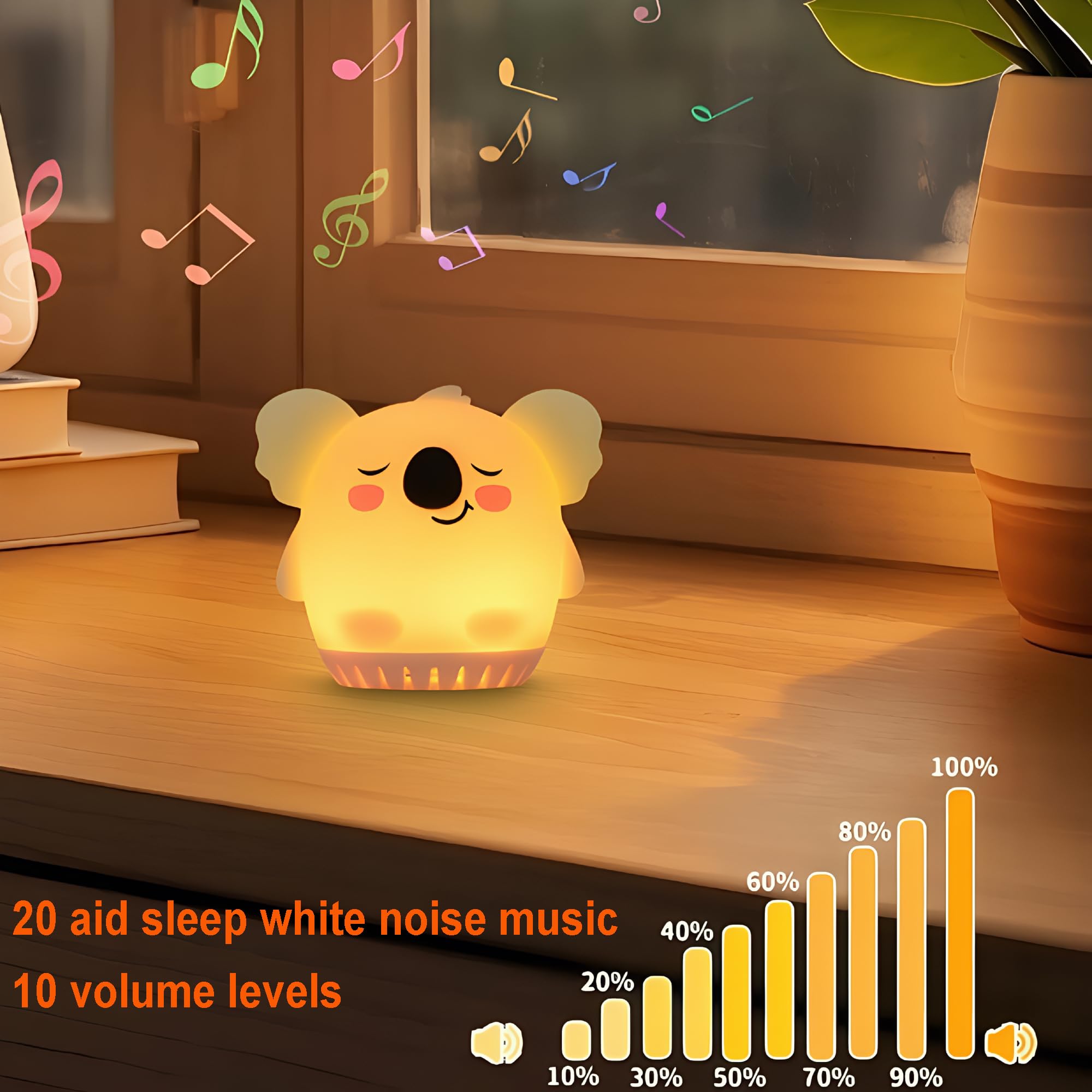 Veilleuse pour enfants – Lampe LED animal en silicone avec bruit blanc, capteur tactile et rechargeable – Veilleuses portable mignonne pour chambre de bébé, voyage, camping et décoration – Koala