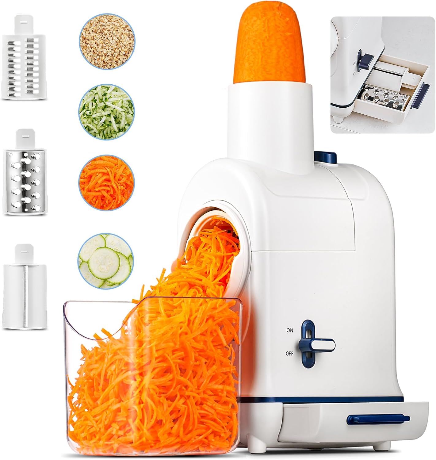 Electric Cheese Grater, Salad Maker, 3 Replaceable Stainless Blades, Food Container, Built-in Blade Storage, Electric Salad Machine for Cheeses, Fruits, Vegetables – Easy Cleanup & Assembly (White) Electric Cheese Grater, Salad Maker, 3 Replaceable Stainless Blades, Food Container, Built-in Blade Storage, Electric Salad Machine for Cheeses, Fruits, Vegetables – Easy Cleanup & Assembly (White)