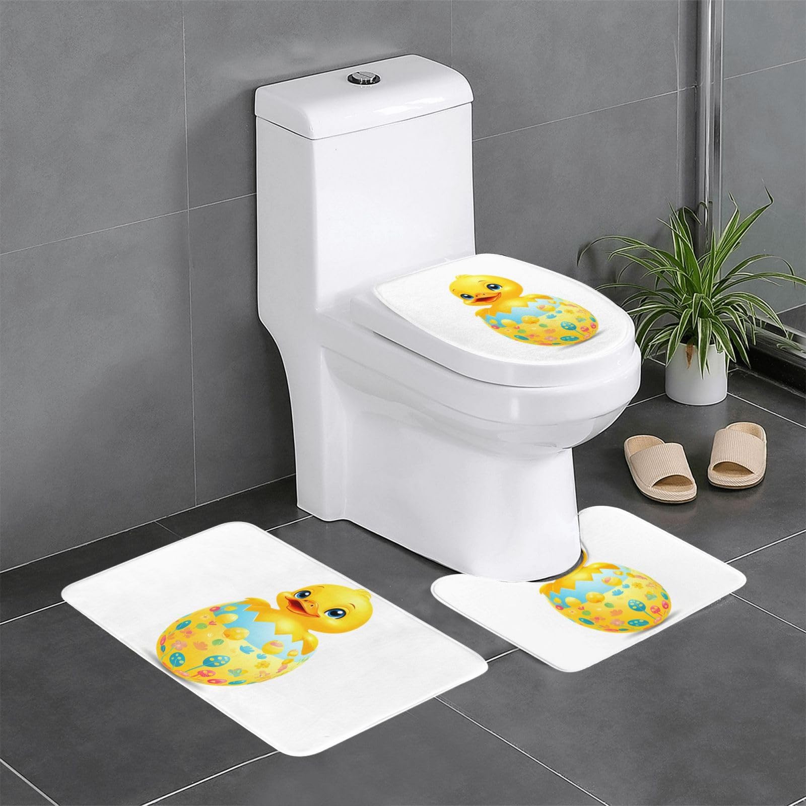 Tapis de salle de bain lot de 3 contour ovale et rectangulaire imprimé caneton de Pâques