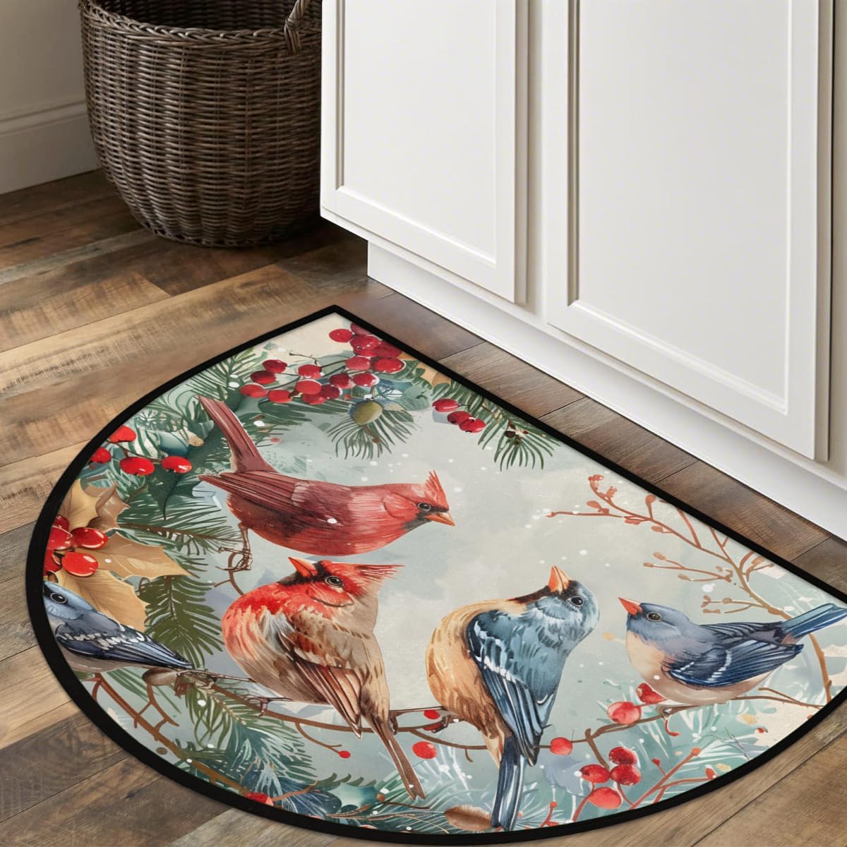 Animal Cardinal Holly Xmas Berry Half Round Door Mat Outdoor Entrance Large 24"x36" Half Circle Welcome Entrance Way Mat Semi Circular Front Door Mat Area Rug for Garage, Patio, High Traffic Areas