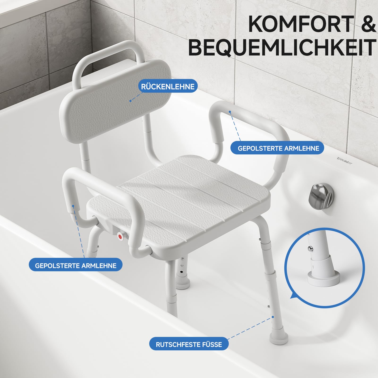Loyoda Drehbarer Duschstuhl Senioren mit abnehmbare Rückenlehne & Armlehnen | 360° schwenkbarer Duschhocker, höhenverstellbar, rutschhemmende Füße, Aluminiumrahmen, für Dusche & Badewanne, Neutralgrau