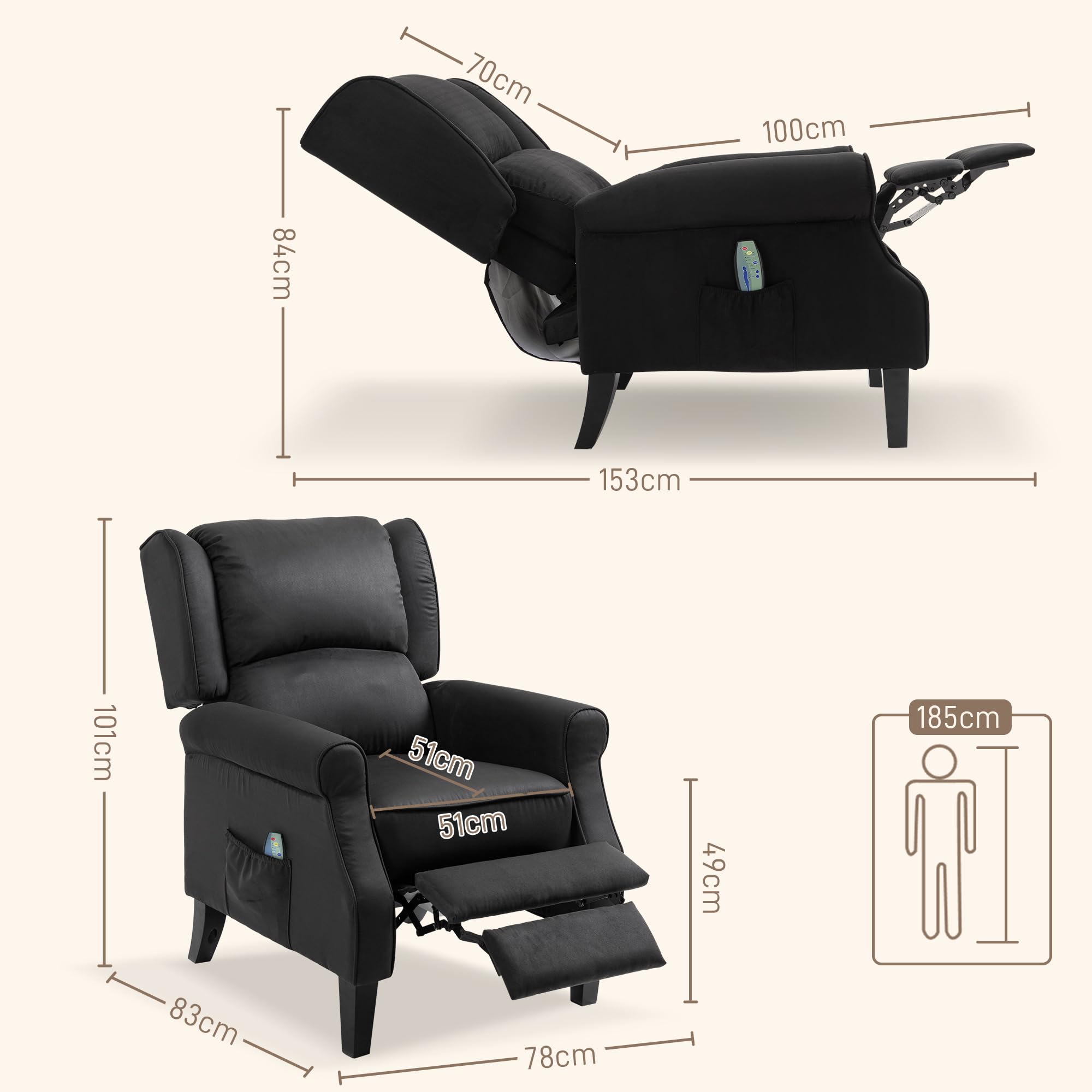 HOMCOM Poltrona Massaggiante Relax Reclinabile con Funzione Riscaldante e Telecomando, 78x83x101cm, Nero