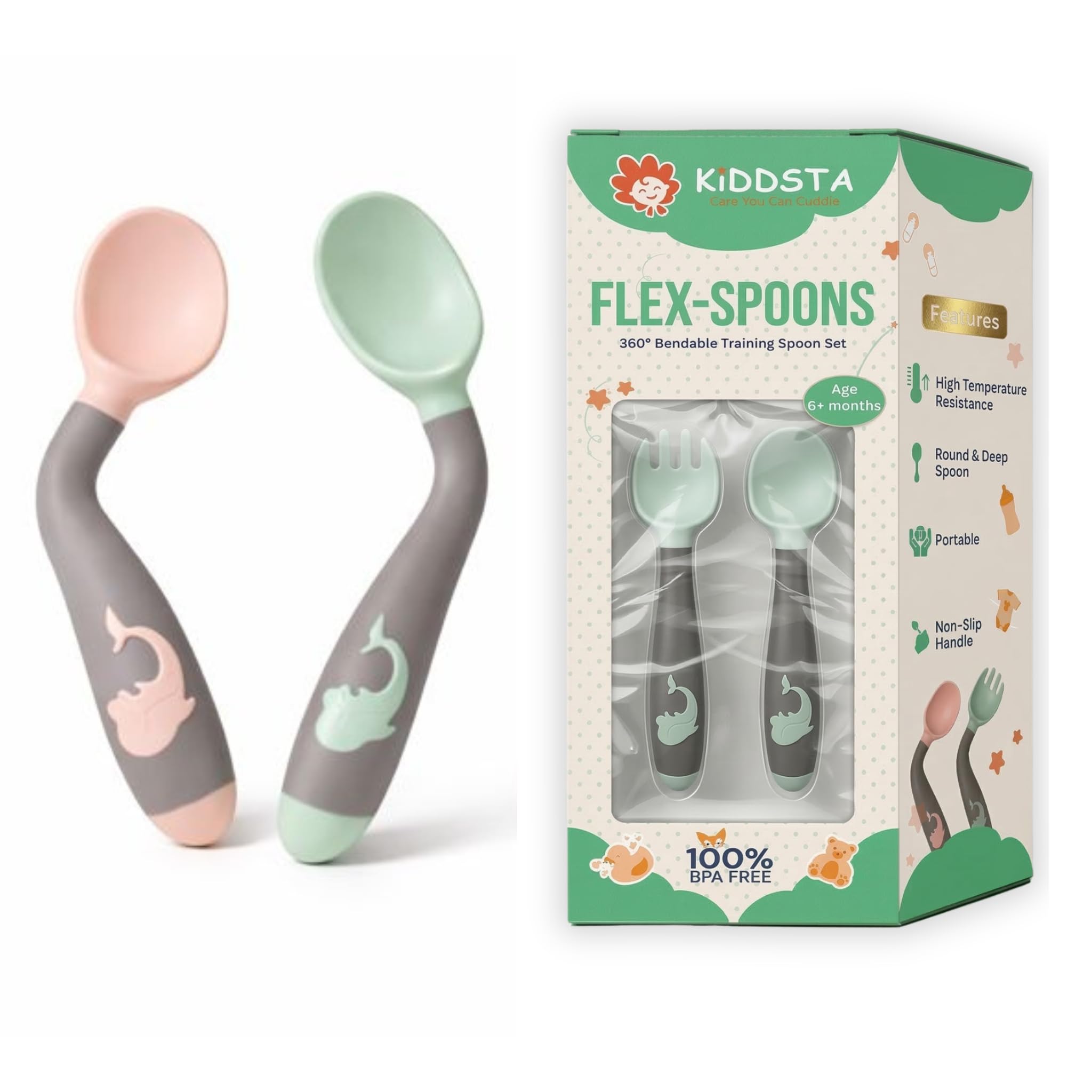 Bendable Baby Spoon & Fork Set for 6–12 Months | 360° Flexible Silicone Feeding Utensils with Travel Case | BPA-Free PP+TPE Baby Self Feeding Cutlery Set, (1, Greeen, FlexiFeed No PP Box)-image-7