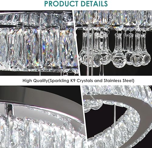 Miniatura 7 de Candelabro de cristal de 19.6 pulgadas, lámpara LED moderna de techo de cristal empotrado, lámparas de anillo para dormitorio, comedor, sala de