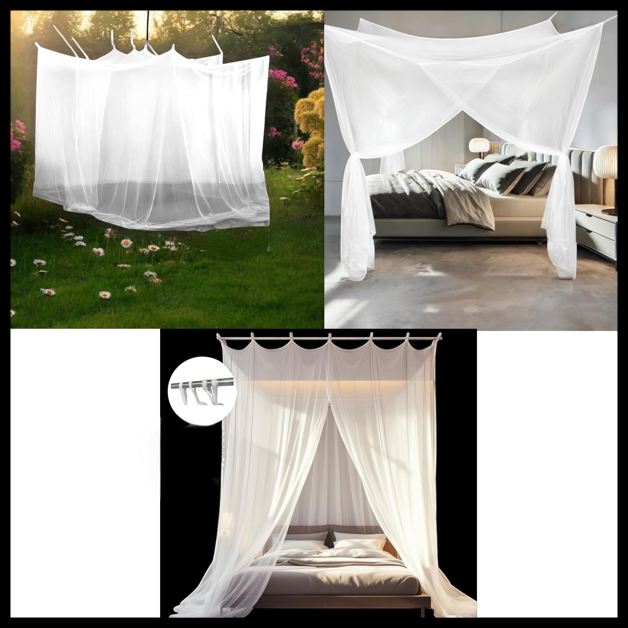 Letto a baldacchino con zanzariera, quadrato, 220 x 200 x 210 cm, con gancio, tassello, borsa da viaggio, per letto matrimoniale e singolo, zanzariera per viaggi e casa
