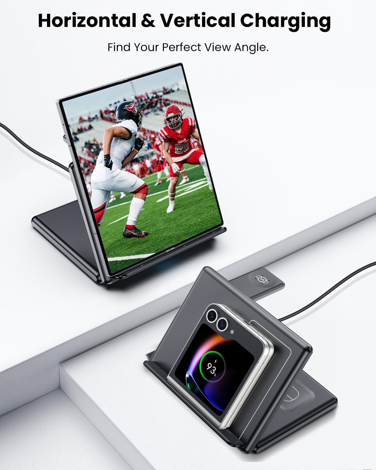 GEEKERA Station de charge inductive 3 en 1 pliable pour Samsung Z Fold/Flip - Chargeur sans fil pour Fitbit Sense/Versa - Chargeur à induction pour Galaxy Buds-Carbon - Noir