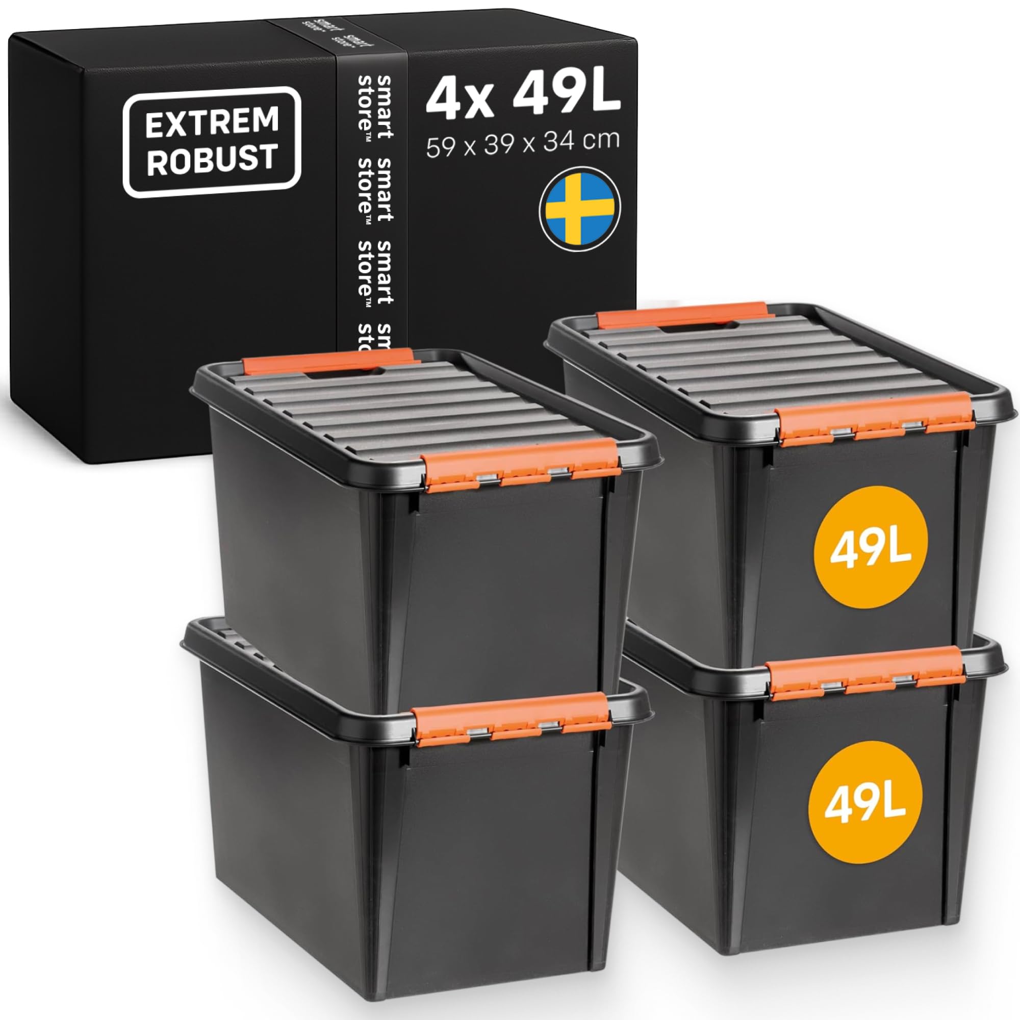 SmartStore Extrem robuste Kunststoff-Aufbewahrungsbox mit Deckel I 49 Liter I Für Garage, Regale, Umzug I 4er Set Stapelboxen mit Clipverschluss I Werkzeugaufbewahrung I BPA-frei I 59 x 39 x 34 cm