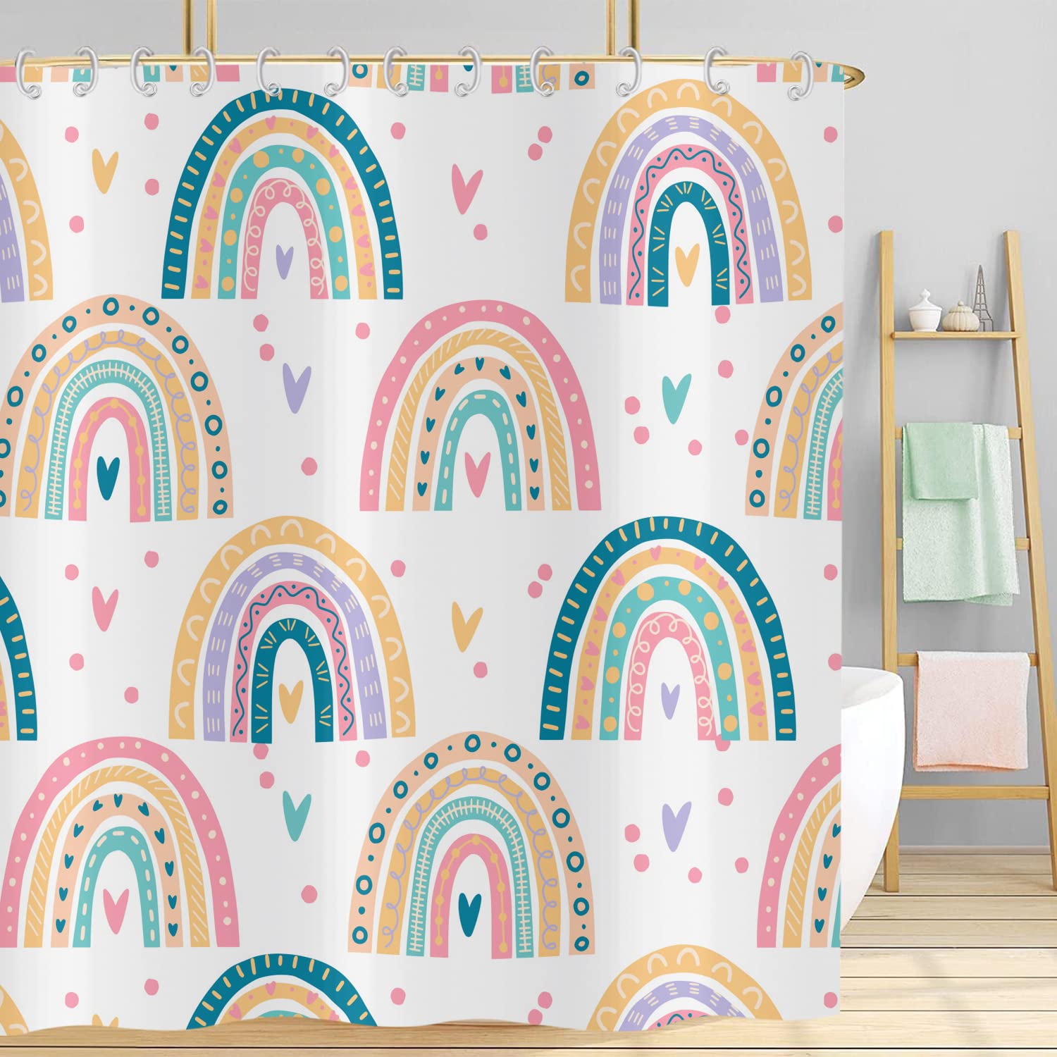 Hnmdmyi Rainbow Shower Curtain 240x180, Boho Abstract Rainbow Shower Curtains Colorful Cute Kids Cartoon Bathroom Curtains with Hooks Waterproof Polyester Fabric Washable Bath Curtains for Wet Room