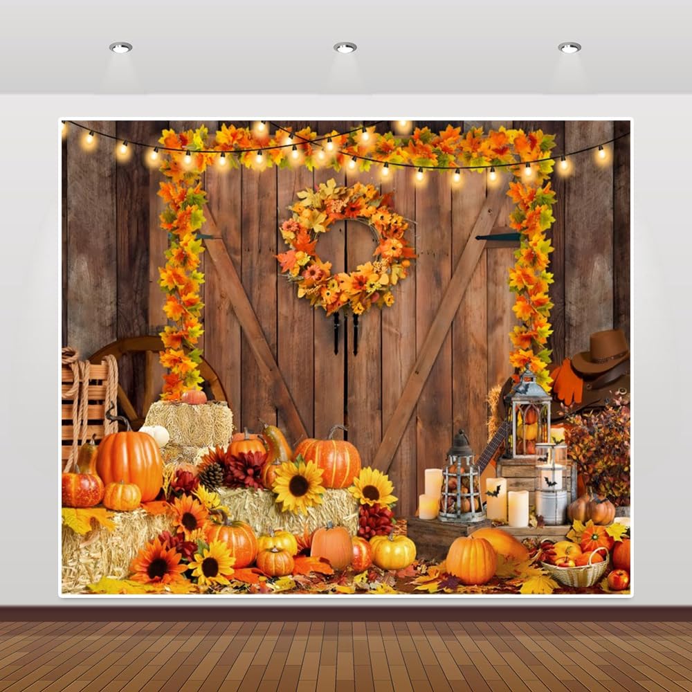 Fall Thanksgiving Backdrop 10x8ft Rustic Barn Autumn Pumpkin Haystack Friendsgiving Photo Backdrop Farm Barn Wood Door Sunflower Maple Leaves Kids