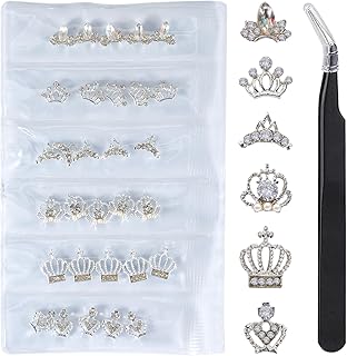 WOKOTO 30 Pcs 3D Alloy Crown Nail Charms For Nail Art 3D Decoration Set Silver Crown Nail Studs Rhinestones Clear Crystals Manicure Jewelry With 1pc Tweezers For Actylic Nails