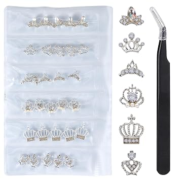 WOKOTO 30 Pcs 3D Alloy Crown Nail Charms For Nail Art 3D Decoration Set Silver Crown Nail Studs Rhinestones Clear Crystals Manicure Jewelry With 1pc Tweezers For Actylic Nails