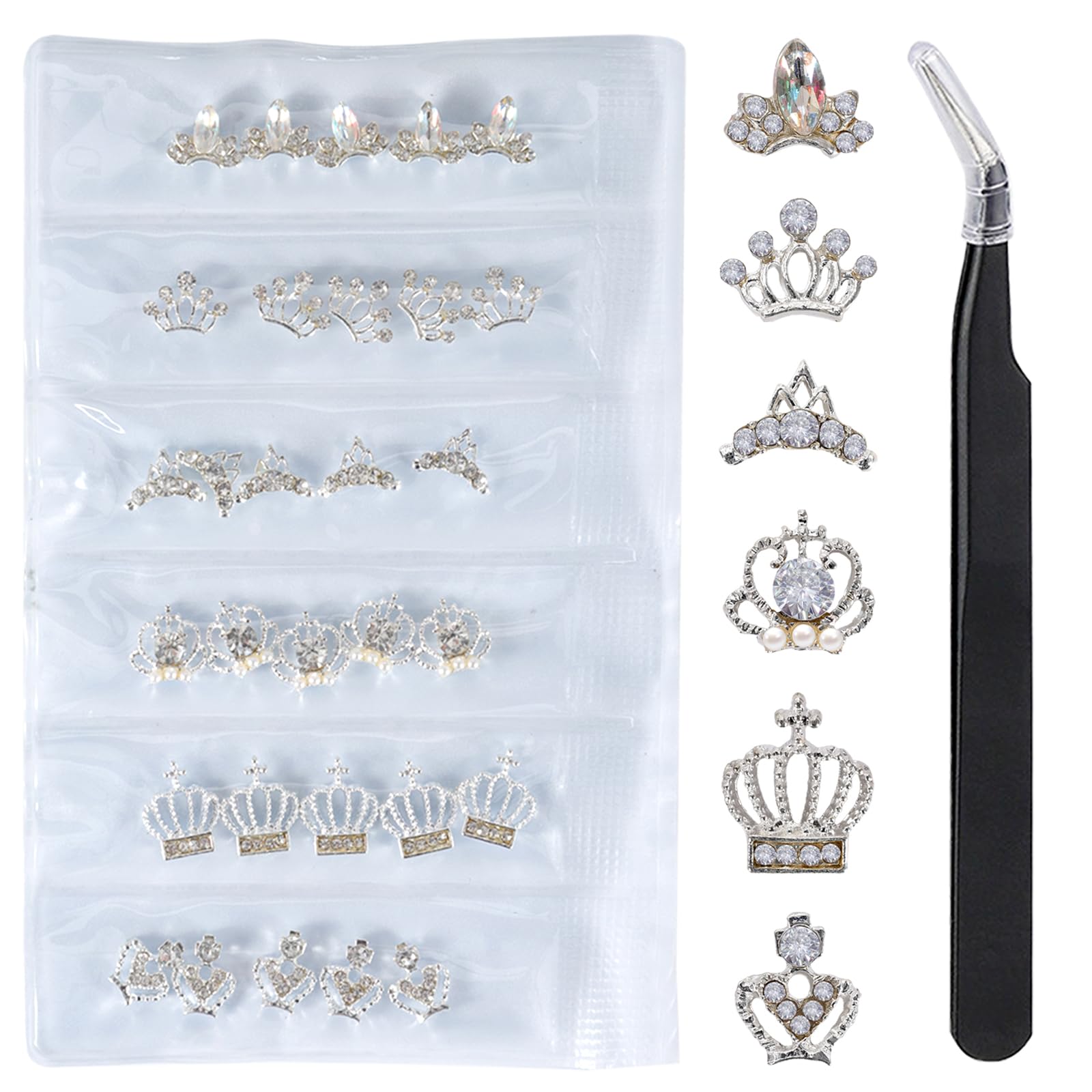 WOKOTO 30 Pcs 3D Alloy Nail Art Decoration Set Silver Crown Nail Studs Rhinestones Clear Crystals Manicure Jewelry With 1Pc Tweezers-image-26