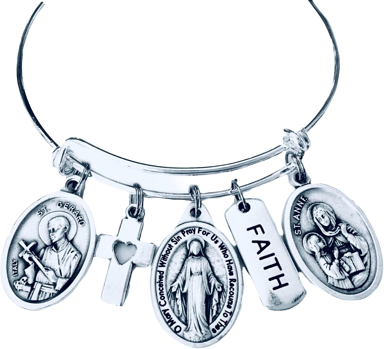 Blessed Mother Mary Medal Bracelet with Saint Gerard & Saint Anne – Silver Expandable Catholic Bangle – Patron Saints of Mothers & Women – Handmade Religious Jewelry Gift
