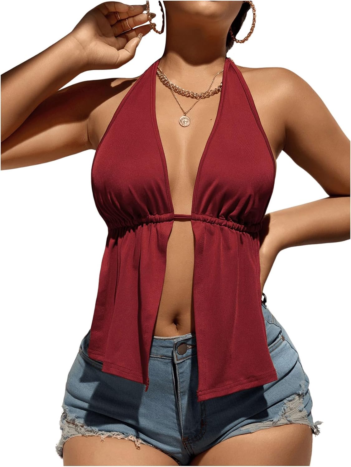 SOLY HUX Women's Open Back Tops Split Front Halter Tie Backless Sleeveless Sexy Top