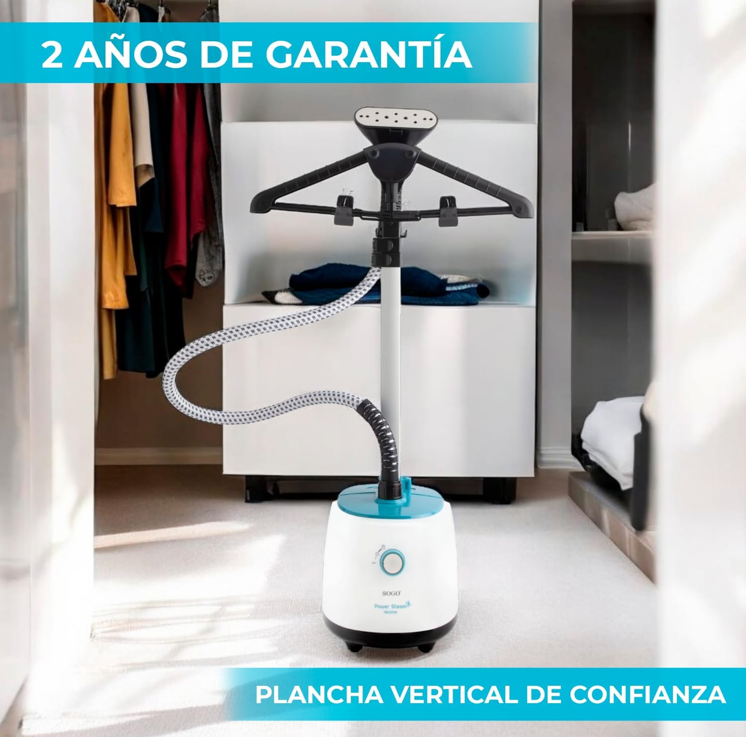 The SOGO Vertical Garment Steamer's nozzle being used to steam a white curtain, highlighting its versatility for various fabrics.