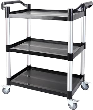 3-Tier Rolling Utility Cart with Wheels,4 Lockable Casters, Plastic Service Cart with 510lbs Capacity, Commercial Service Cart on Wheels for Restaurant/Office/Warehouse/Kitchen/School, Black