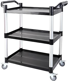 3-Tier Rolling Utility Cart with Wheels,4 Lockable Casters, Plastic Service Cart with 510lbs Capacity, Commercial Service Cart on Wheels for Restaurant/Office/Warehouse/Kitchen/School, Black