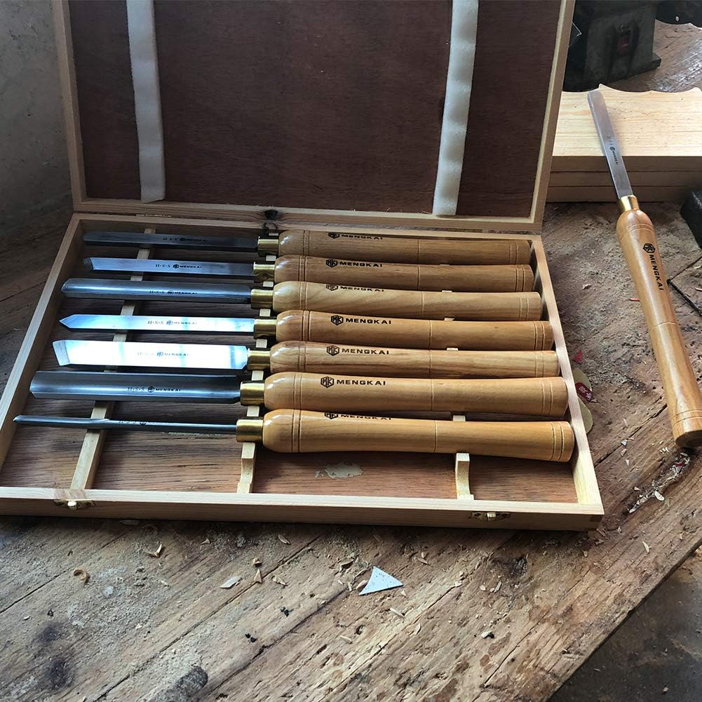Mengkai Wood Turning Tools with HSS Blade Hardwood Handles Woodworking Lathe Chisel Set 8 Pieces, High Speed Steel Gouge Set with Brass Ferrules & Wooden Case for Storage - - 