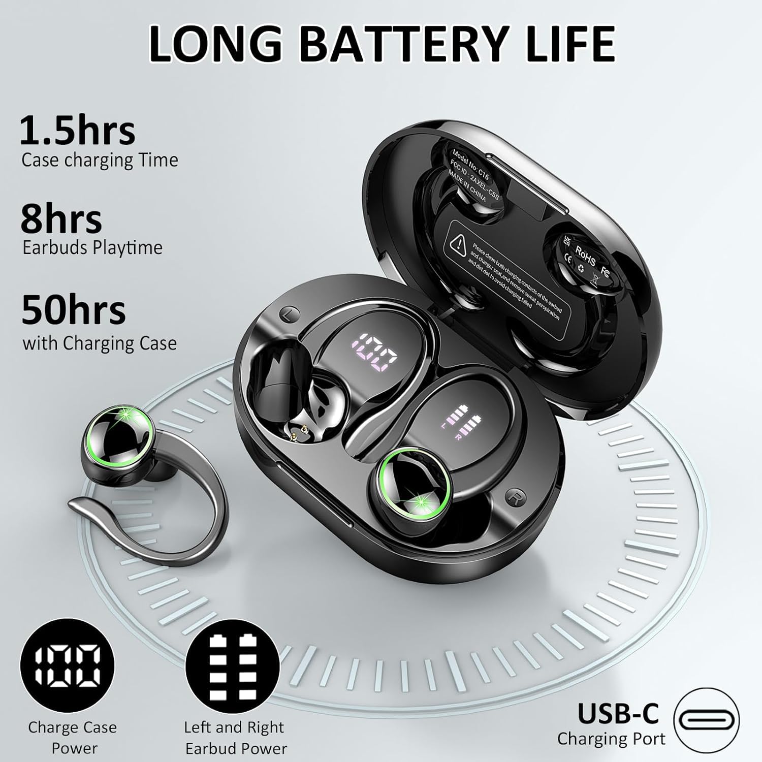Wireless Earbuds, Bluetooth 5.4 Headphones, 50H+ Playtime Stereo Noise Canceling Headphones with 4 ENC Mic, Sport Ear buds with Earhooks, IPX7 Waterproof Wireless Earphones for Sport/Running/Gym — view 6