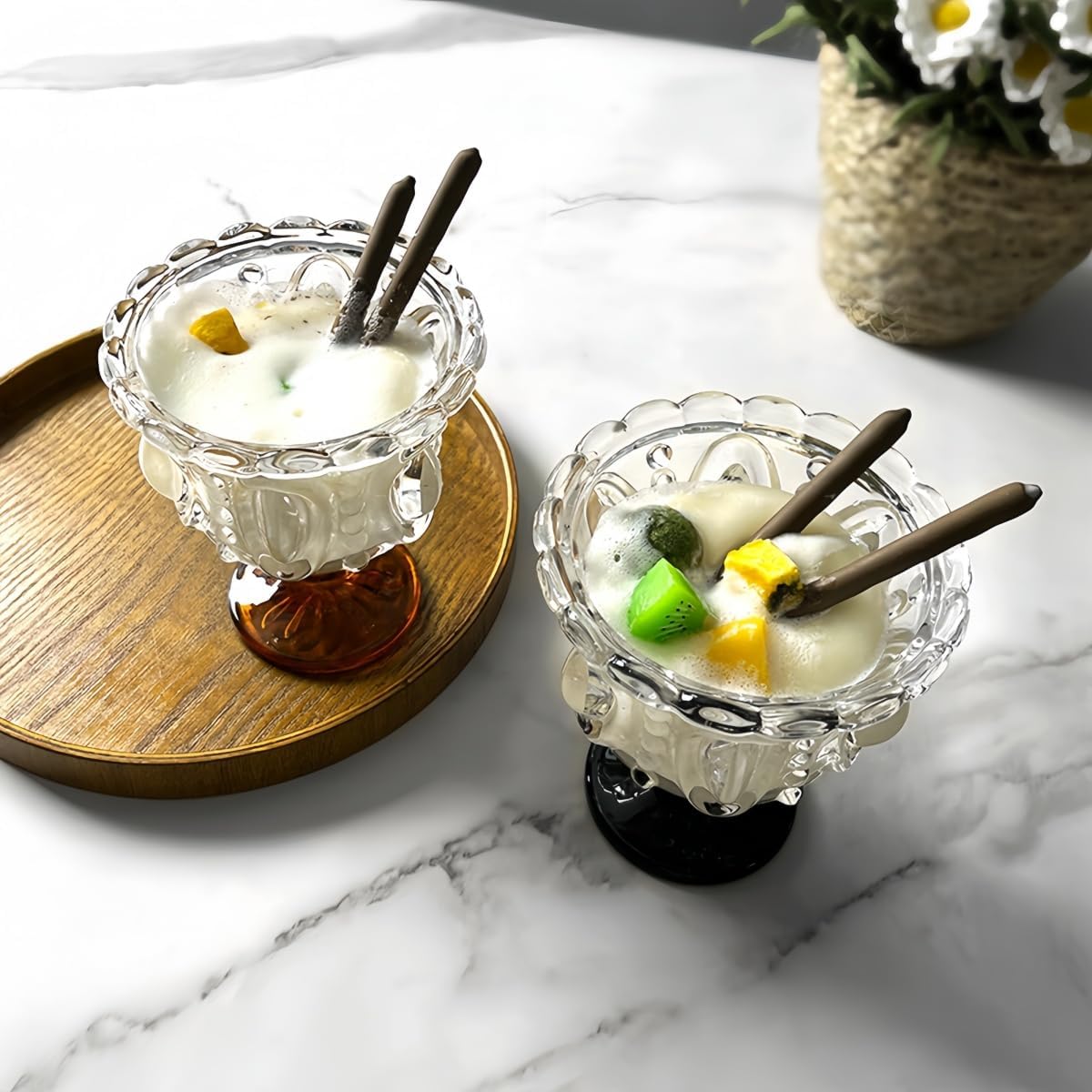 Carnival Glass Vintage Footed Dessert Cups Set of 2, 9oz Embossed Goblet Chalice Glass for Ice Cream Sundae,Sweet Dish, Whiskey,Bar Party Table Decor