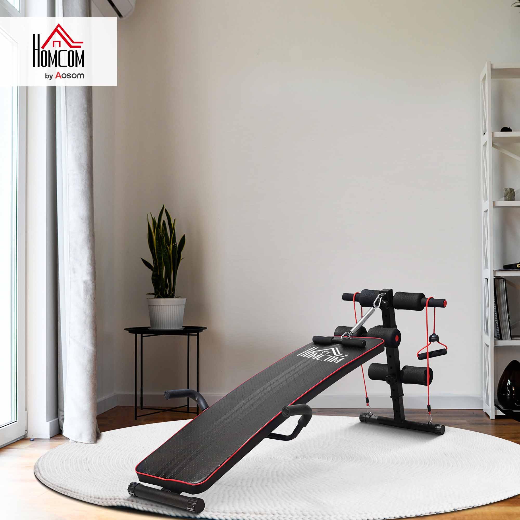 HOMCOM Panca per Addominali a Casa Regolabile, Panca Addominali Inclinazione con Vogatore a molla e 2 Corde Elastiche, 55.5 x 137.5 cm Nero