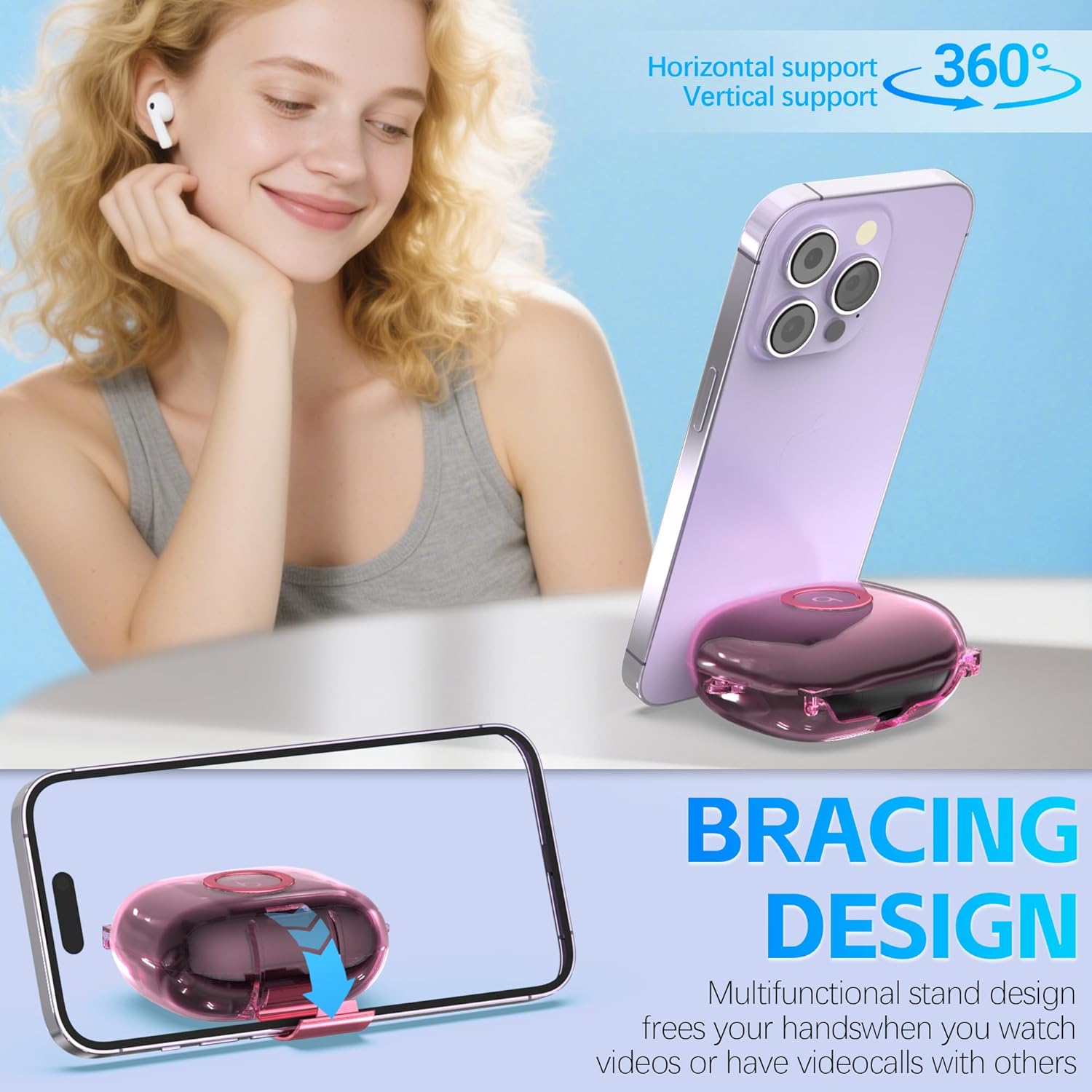 Clear Cover for Powerbeats Pro 2 Case with Secure Lock & Phone Stand, Soft TPU Protective Cover Compatible with Beats Powerbeats Pro 2 Earbuds Accessories with Fashion Keychain for Women (Clear Pink) - Image 3