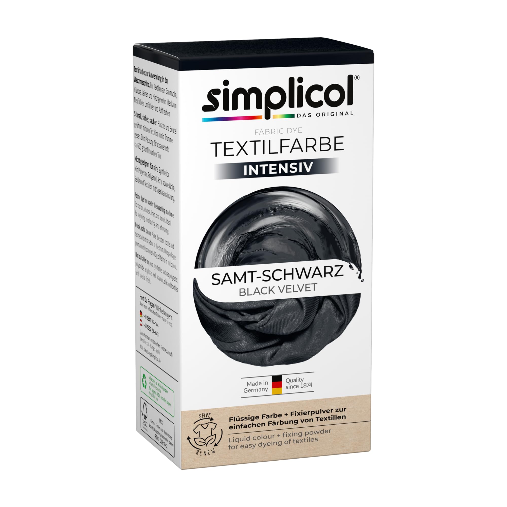simplicol Fabric Dye Intense Velvet Black | Easy washing machine dyeing | Liquid dye & fixing powder | 1 pack, 150 ml liquid fabric dye + 400 g fixing powder with salt