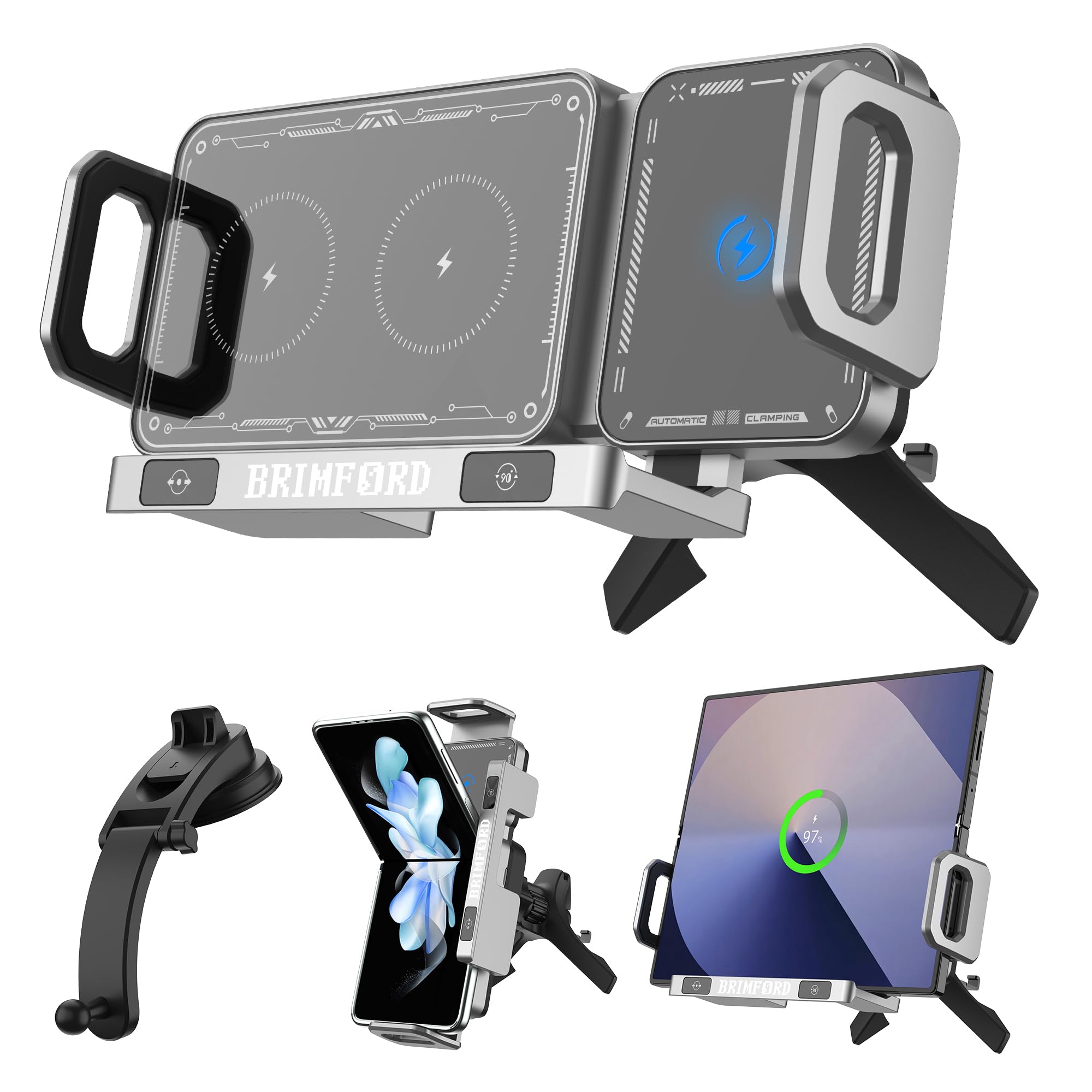 Supporto Telefono Auto Universale per Samsung Galaxy Z Fold 7/6/5/4 Z Flip 7,per iPhone, con Ricarica Wireless Veloce Qi, Rotazione 90°, Fissaggio 2in1 Bocchetta Aria/Cruscotto