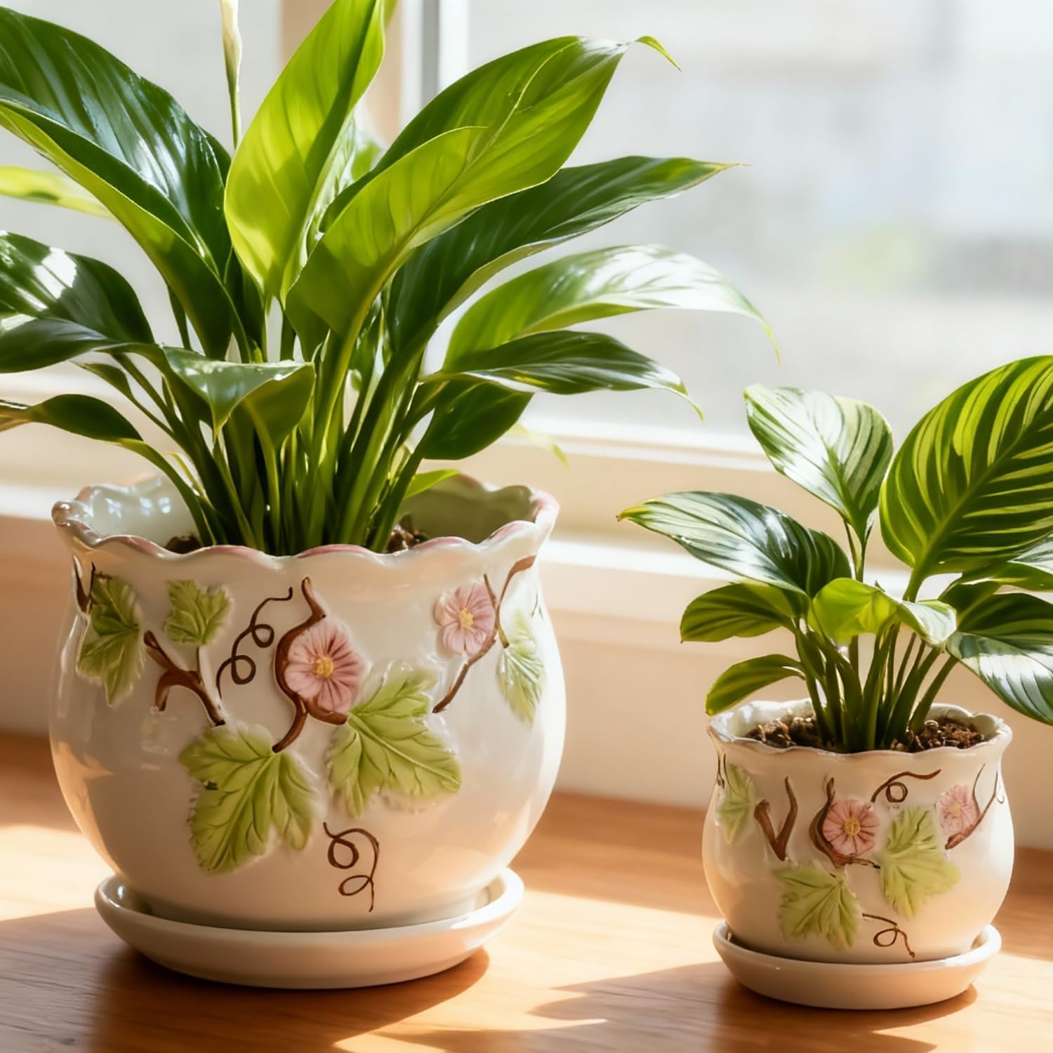 Vintage Flower Pots for Indoor Plant, Round Ceramic Plant Pots with Drainage Holes and Saucers, 6.7/5.2/3.9 Inches Retro Flower Planters Set of 3 (Morning Glory)