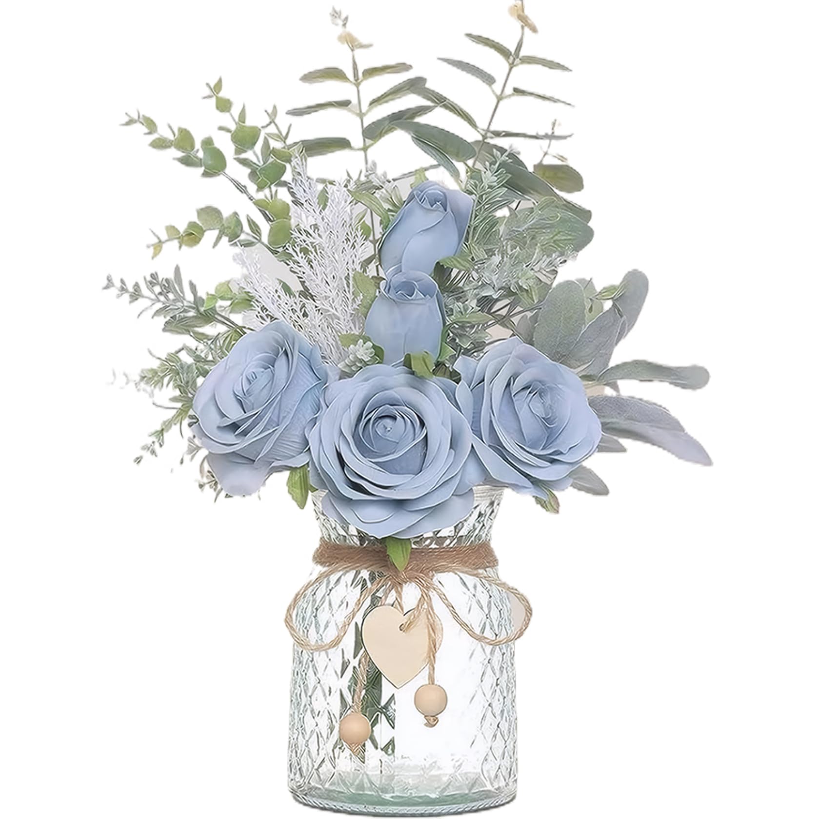 CAKEEYUM Artificial Flowers in Vase, 14.5x11 Inch Lifelike Roses Faux Flowers in Vase, Silk with Green Leaves, Fake in for Home Kitchen Office Table Centerpiece, Blue Artificial