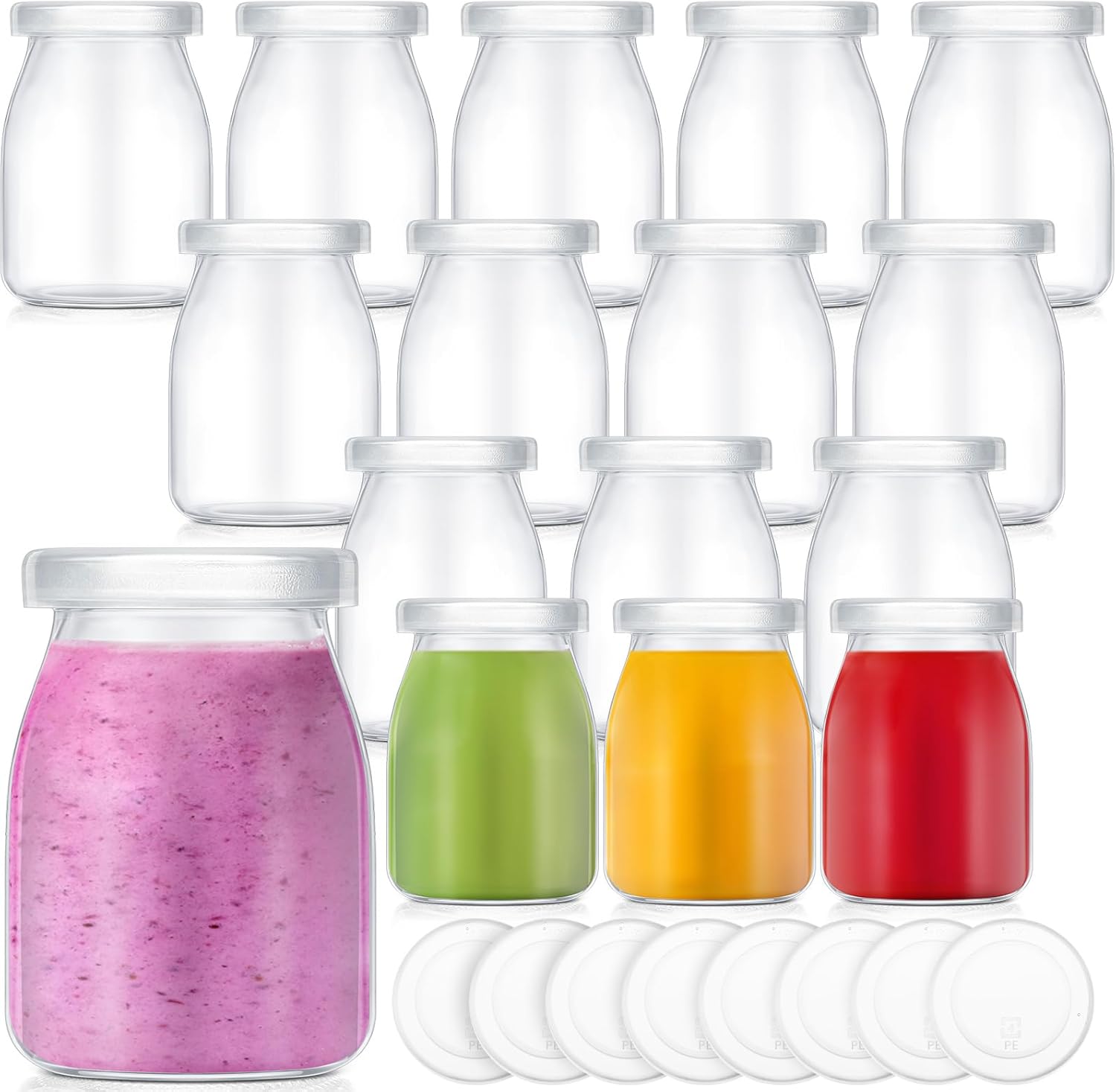 Zubebe 6 Pack 5 oz Christmas Glass Milk Bottles with 12 Lids – Versatile Small Glass Jars for Holiday Party Favors, DIY Decorations, Yogurt Pudding, and Juice, Reusable