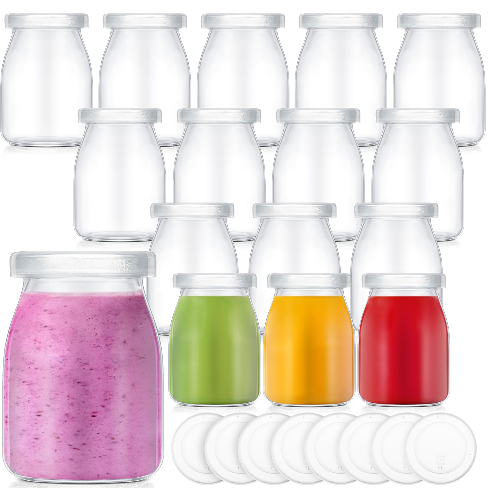 Photo 1 of Zubebe 6 Pack 5 oz Glass Milk Bottles with 12 Lids - Versatile Small Glass Jars for Holiday Party Favors, DIY Decorations, Yogurt Pudding, and Juice, Reusable