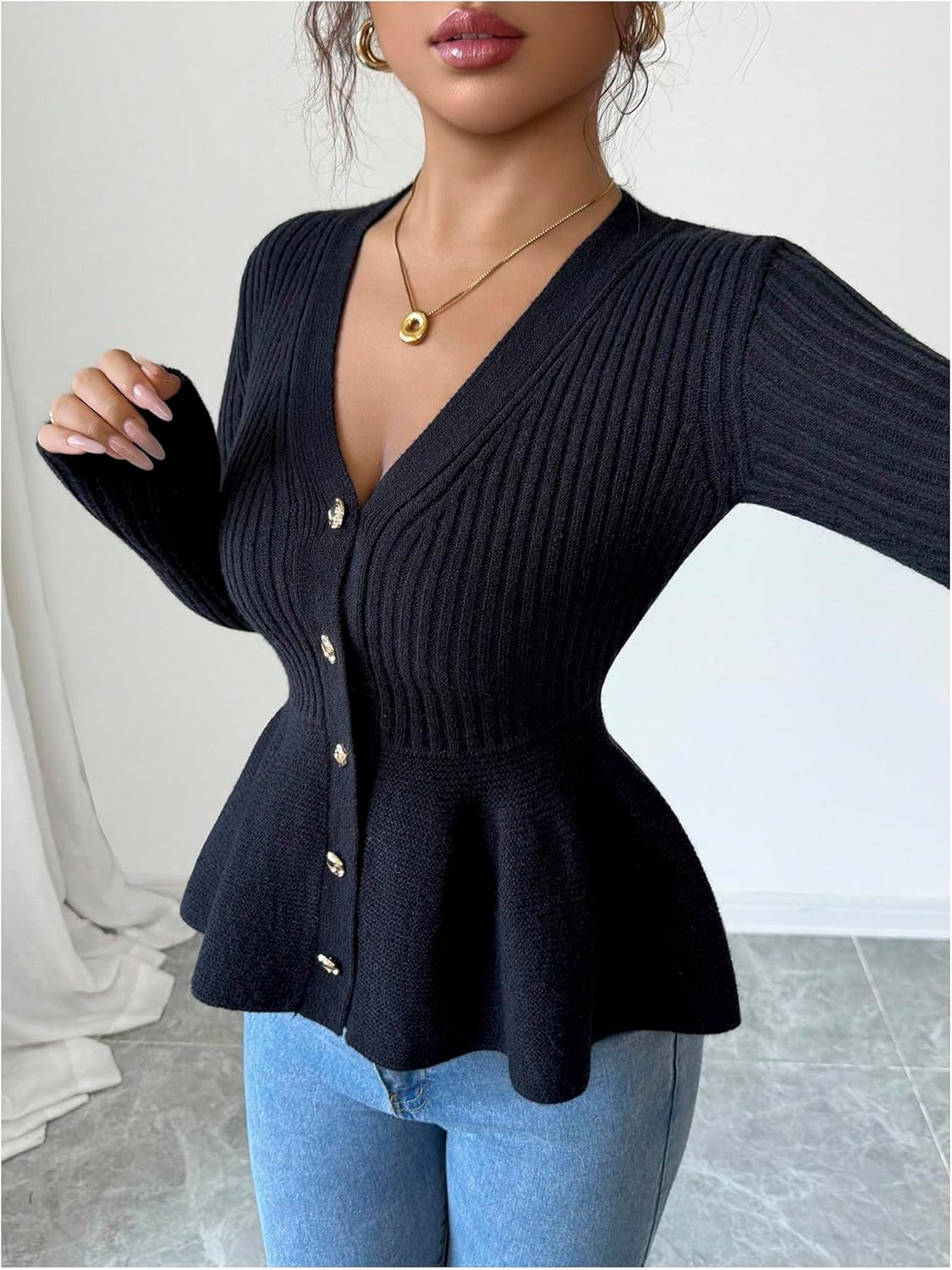 GORGLITTER Women's Ruffle Peplum Cardigan Sweater Button Down Fitted Long Sleeve Ribbed Knit Baby Doll Trendy Cardigan - Image 3