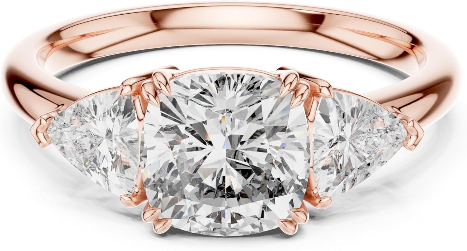 Rose Gold Cushion Cut Three Stone Engagement Ring for Women – Trillion Side Stones, Elegant Prong Setting, Promise Ring Gift