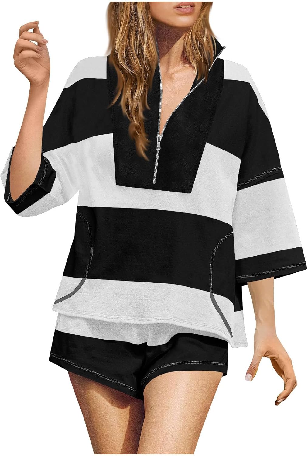 Two Piece Sets for Women Summer Half Zip Striped Casual Sport Shirts Matching Shorts Sweatsuit Vacation Short Set