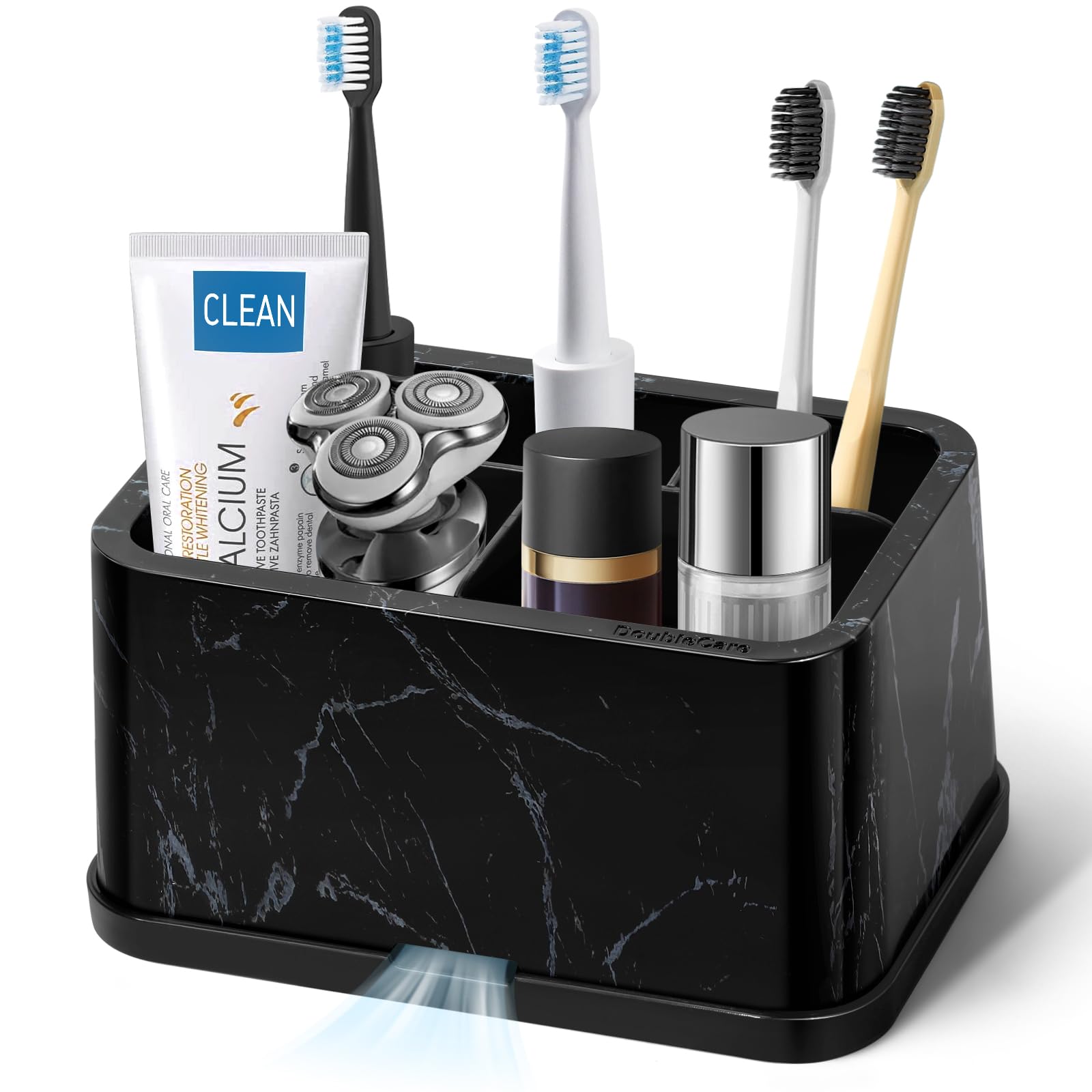 DoubleCare Toothbrush Holder,Multifunctional Electric Holder,Easy to Clean Removable,with 5 Compartments and Drainage Holes Bathroom Organiser.Countertop Storage for Vanity Counter Sink