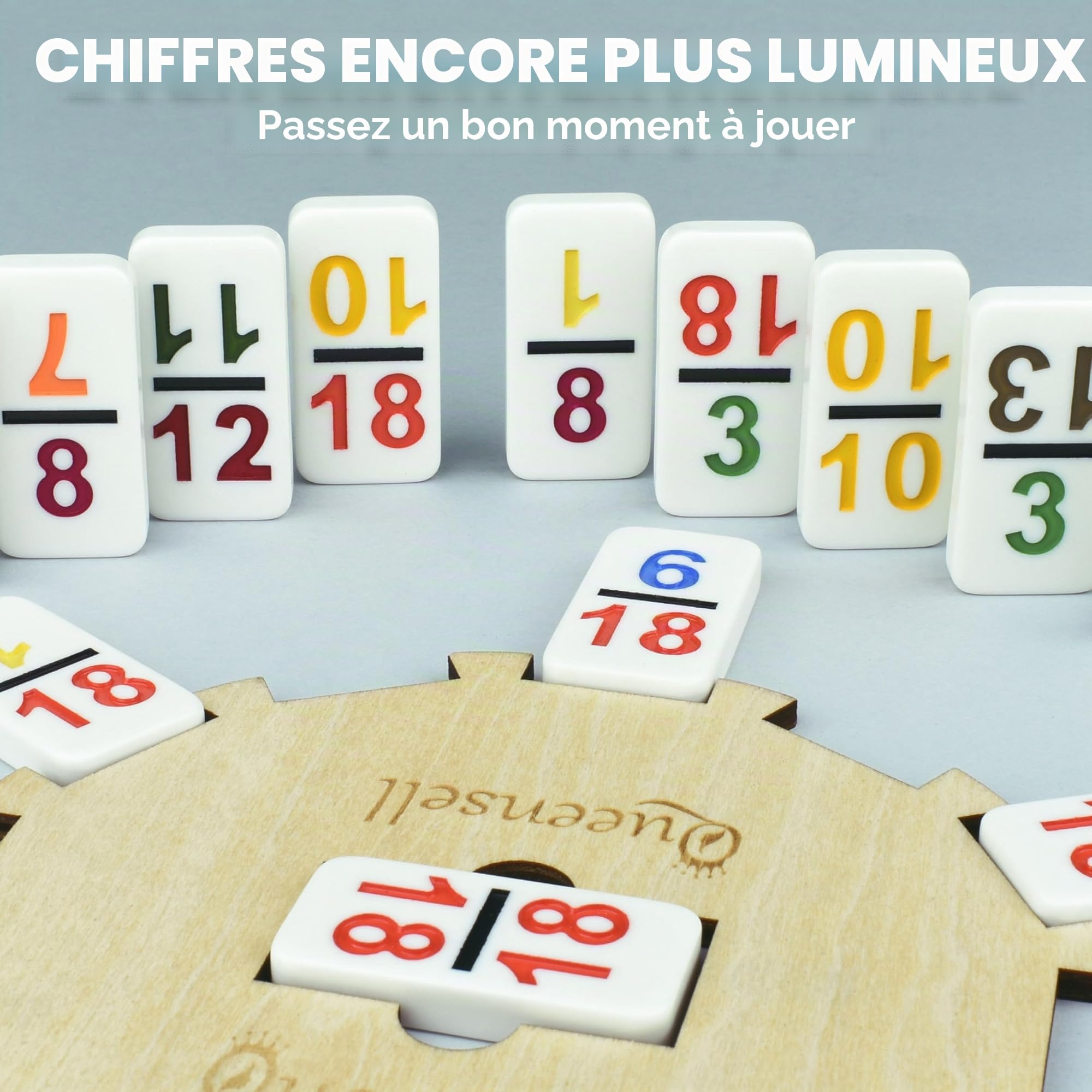 Queensell Jeu de Dominos Train Mexicain avec numéros - Jeu de Dominos Double 18 pour Adultes et Enfants - Jeu de Dominos Train Mexicain pour Adultes avec moyeu en Bois et boîte en Aluminium