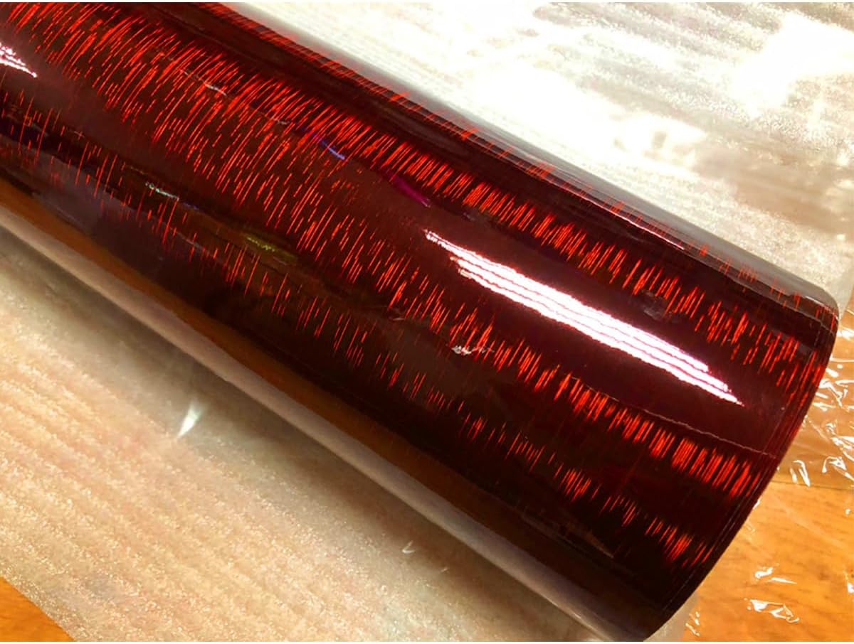 Queenbox 7.9x59.8in Holographic Laser Car Vinyl Wrap Brushed Rainbow Self Adhesive Auto Decal Sticker Film, Dark Red