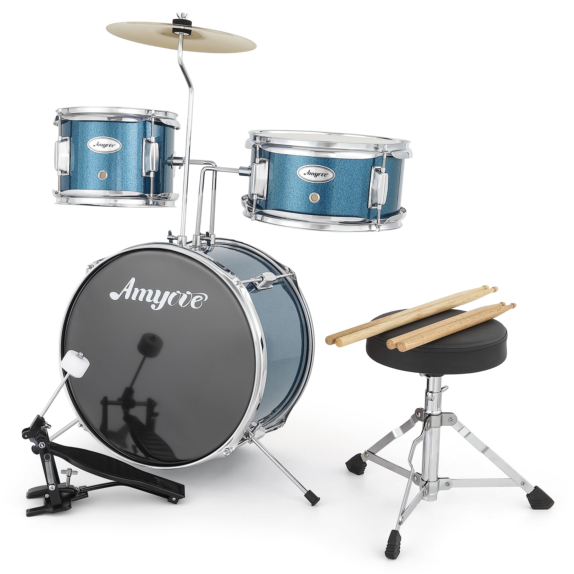 Batería Electrónica Infantil De 3 Piezas Con Platillos, Bombo, Pedal y 2 Toms, Incluye Baquetas y Taburete, Instrumento Musical Ideal Para Niños Principiantes