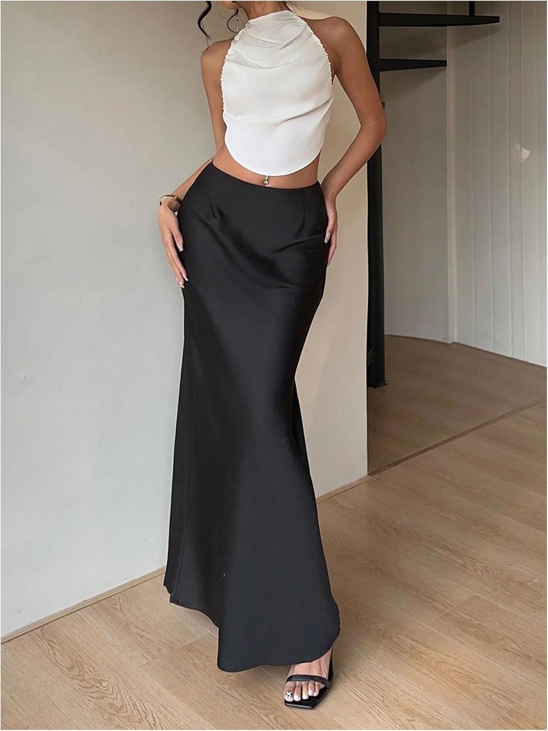 MakeMeChic Women's Party Satin Silk Tie Backless Halter Top Draped Front Sleeveless Crop Tops - Image 5