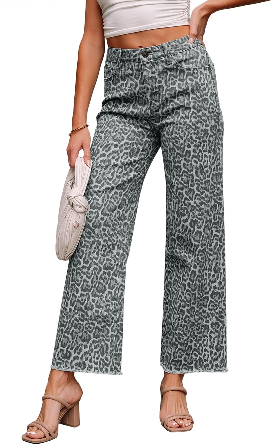 Jeans for Women Leopard Frayed Edge Wide Leg High Waist Jeans 2026 Trendy Denim Pants