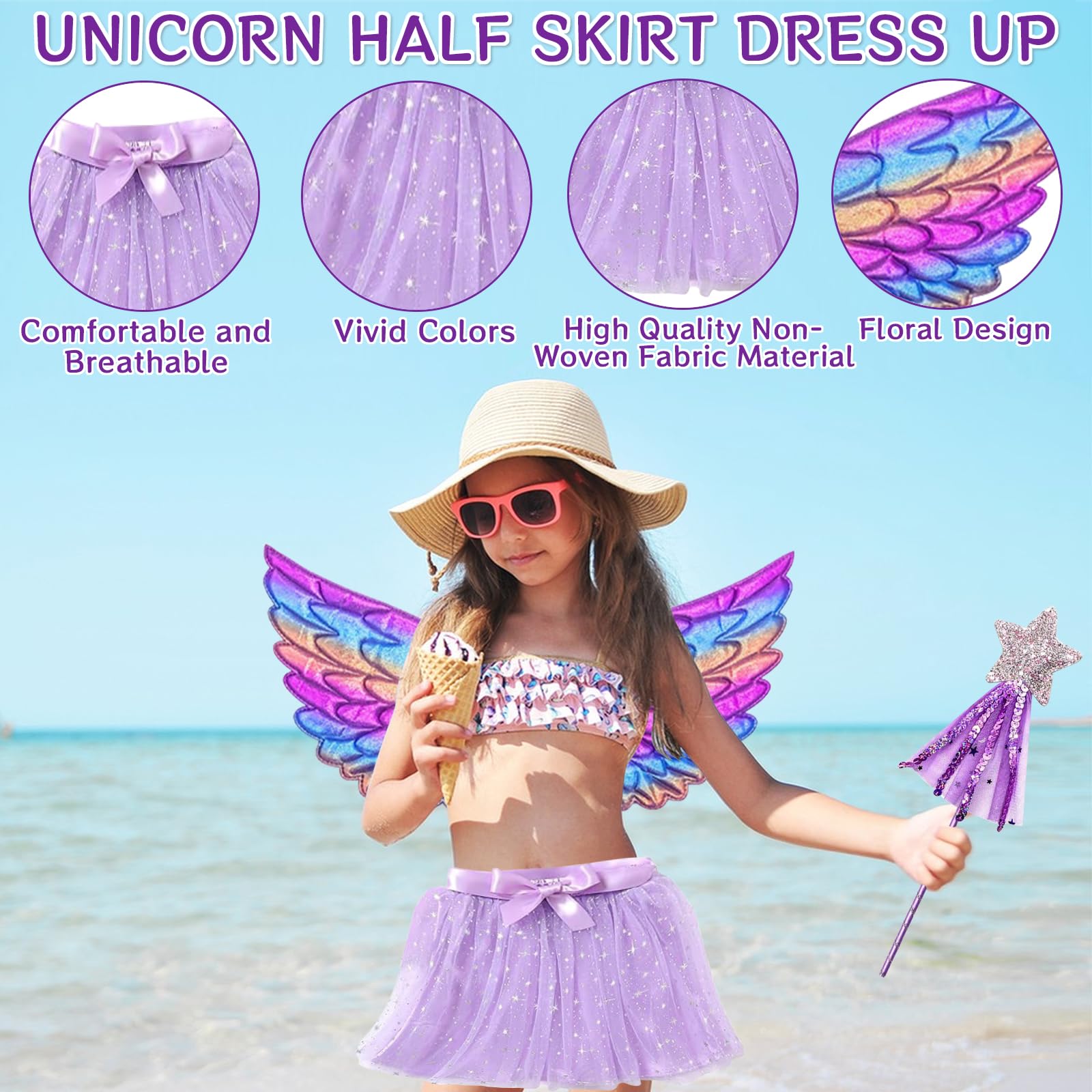AQXONG 4 Pcs Disfraz Unicornio Niña, Conjunto de Cosplay de Unicornio, Disfraces de Fiesta de Unicornio, Faldas de Niña para Niñas de 3 a 8 Años - 5