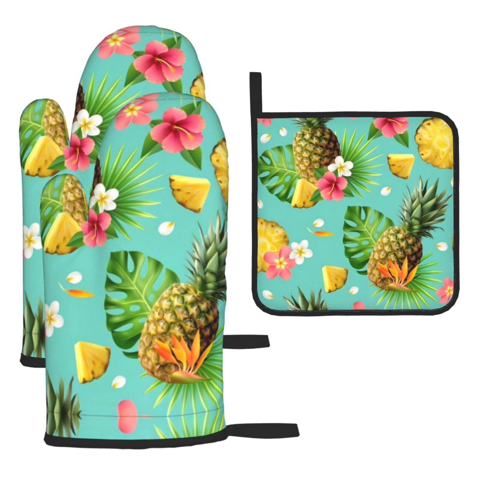 Tropical Pineapple Printed Oven Mitt Set 3-Piece | Heat Resistant Gloves & Pot Holder Mat for Cooking, Baking & BBQ