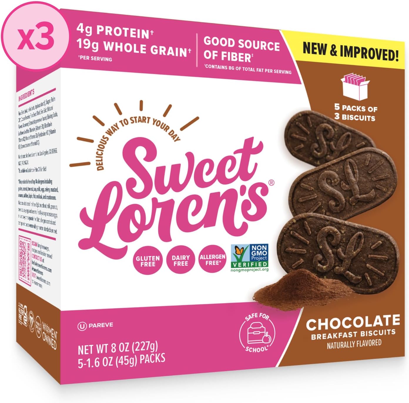 Sweet Loren's Vegan Breakfast Biscuits | Chocolate | 4g Protein, 19g Whole Grains | Plant Based, Gluten Free, Dairy Free, Nut Free Snacks | 3 Pack (15 Total Biscuits, 1.6 ounce each)